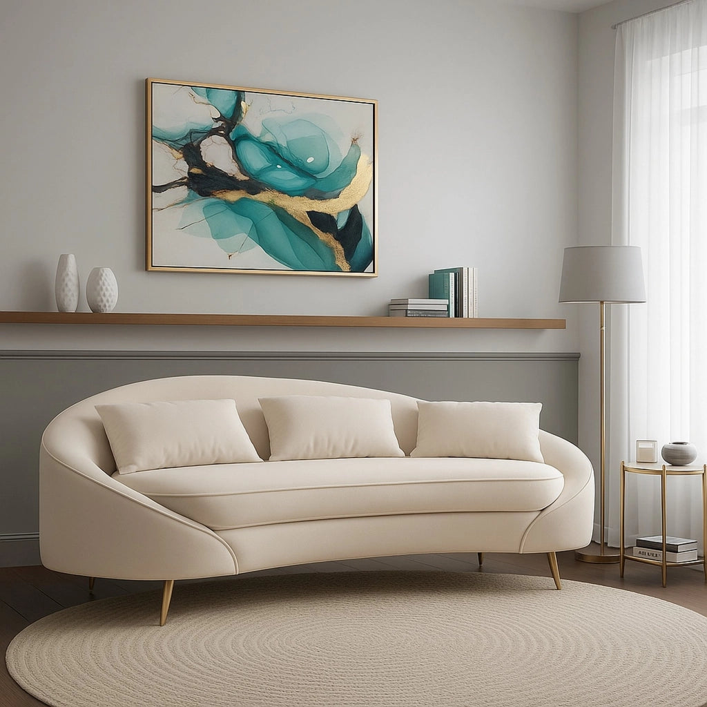 Divano fisso 3 posti Verte, Sofà dritto, Divanetto per salotto, Poltrona matrimoniale con contenitore, 185x84 h68 cm, Crema e Oro