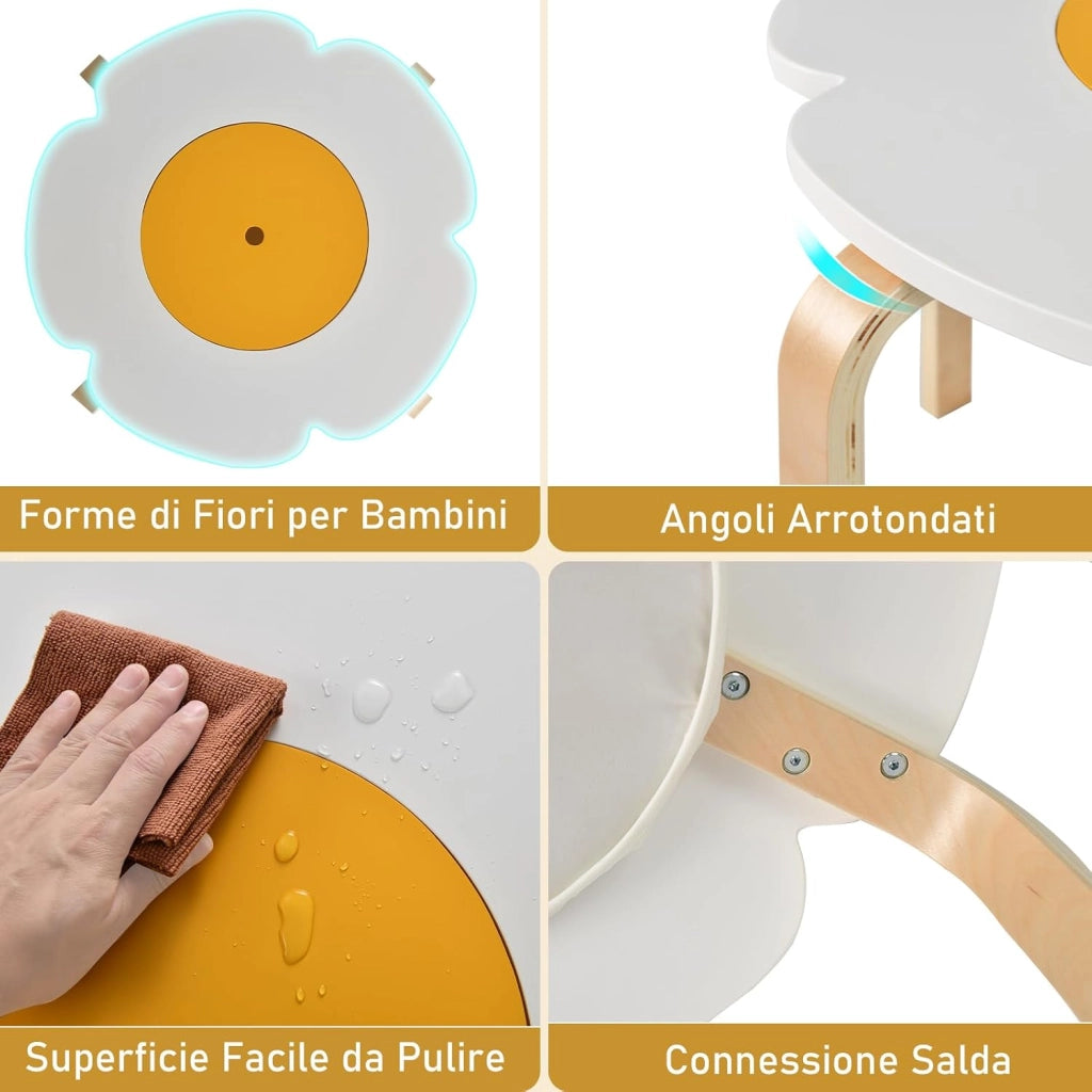 Set Tavolo e Sedie per Bambini, Set Mobili a Forma di Fiore con 2 Sedie e 2 Sgabelli, Tavolo Attività con Contenitore Nascosto, Set Gioco a 5 Pezzi in Legno per Bambini 3+ Anni
