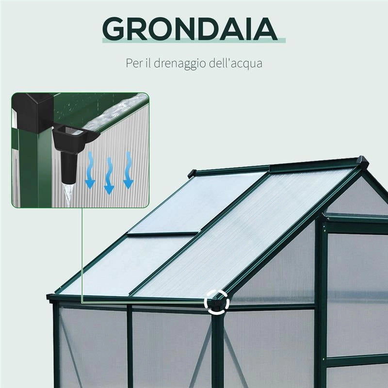 SERRA DA GIARDINO IN POLICARBONATO ANTI UV 190X132X201CM, CON STRUTTURA IN ALLUMINIO, FINESTRA E PORTA SCORREVOLE