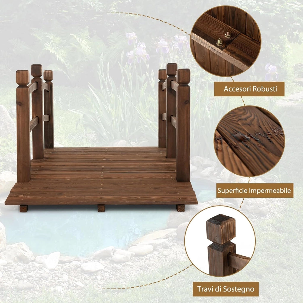 Ponte da Giardino in Legno di Abete 170 cm, Ponticello Decorativo con Ringhiere di Sicurezza, per Giardino Cortile e Fattoria, 171x76,5x58,5cm, Portata 180 kg