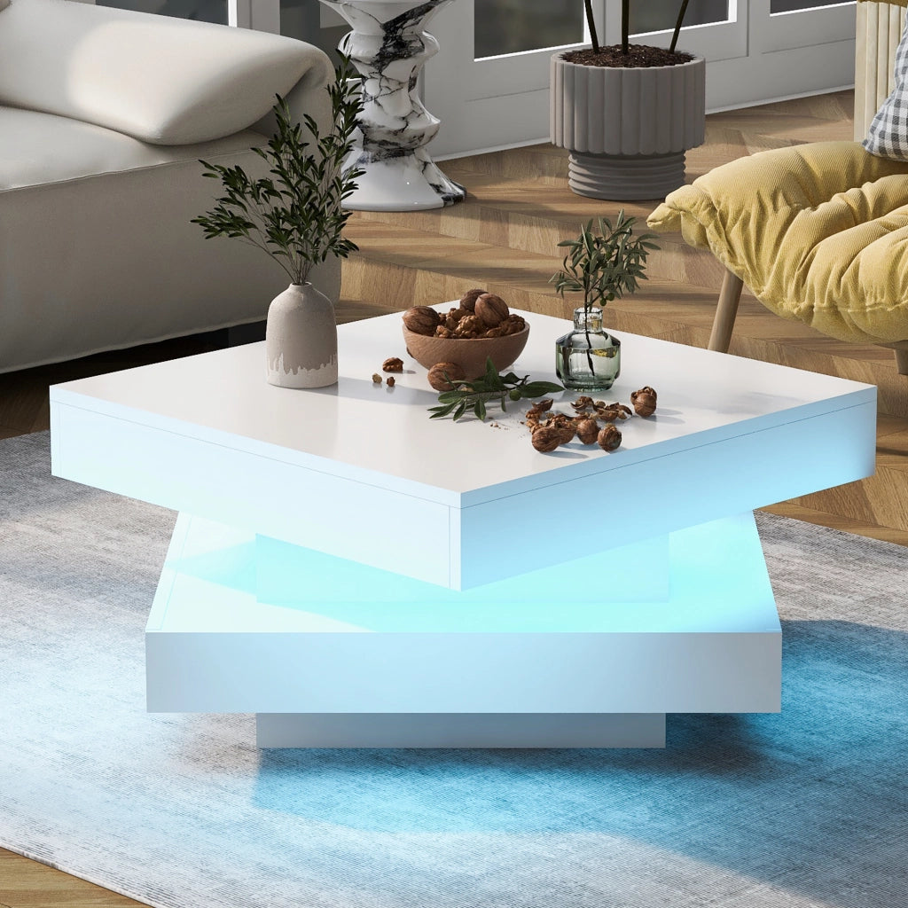 Tavolino basso quadrato lucido con piano girevole a 360° e LED, per soggiorno, bianco, 70 × 70 × 36 cm