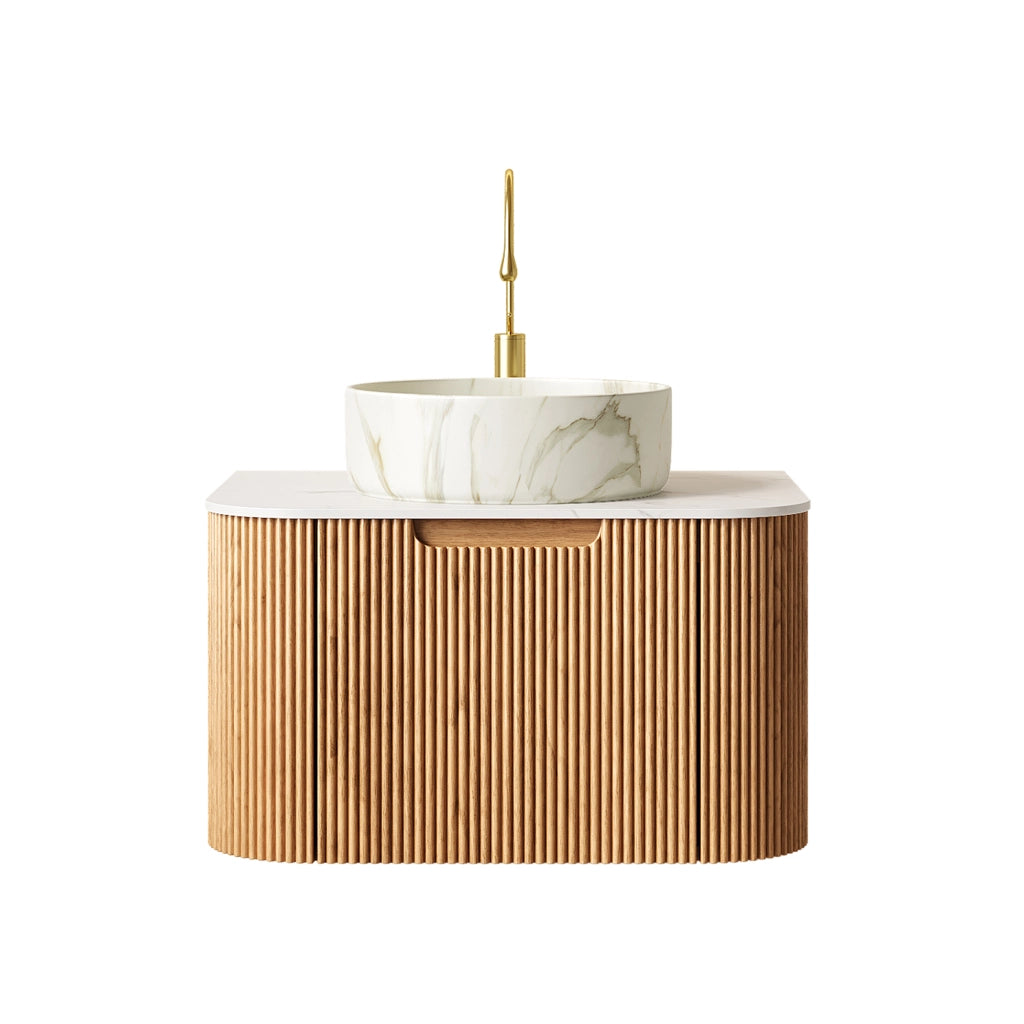 Mobile sottolavabo da bagno con 1 cassetto soft-close e lavabo in ceramica, bianco e legno naturale, 61 × 48 × 49,1 cm