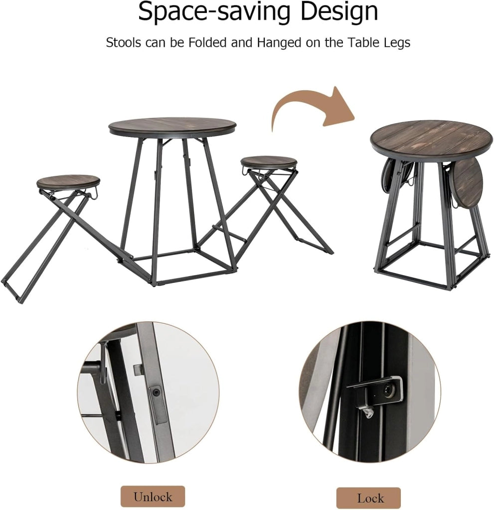 Set da 3 pezzi, Tavolo da Bar, Tavolo da Pranzo, Sgabelli Pieghevoli, Stile Industriale, Struttura Metallica,Mobili Bar, Salvaspazio