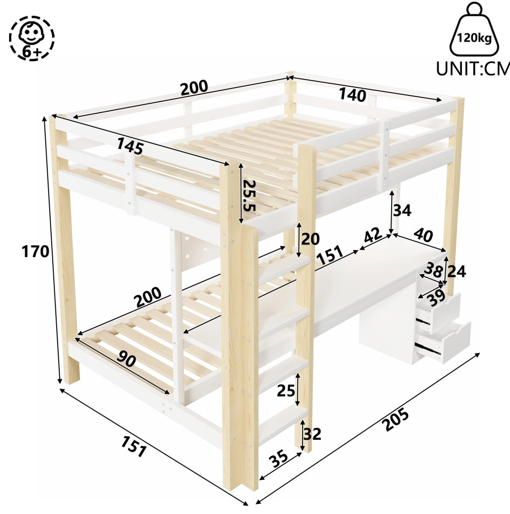 Letto a soppalco 140x200 cm con scrivania; cassetti e LED; in pino bianco e naturale