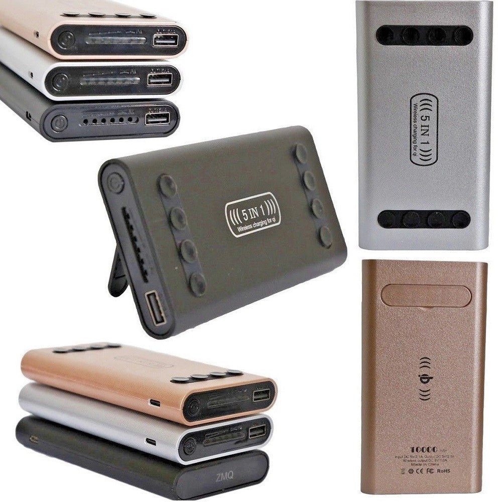 Trade Shop - Power Bank 5 In 1 Caricatore Wireless Senza Fili Qi Led 10000mah Carica Batteria -