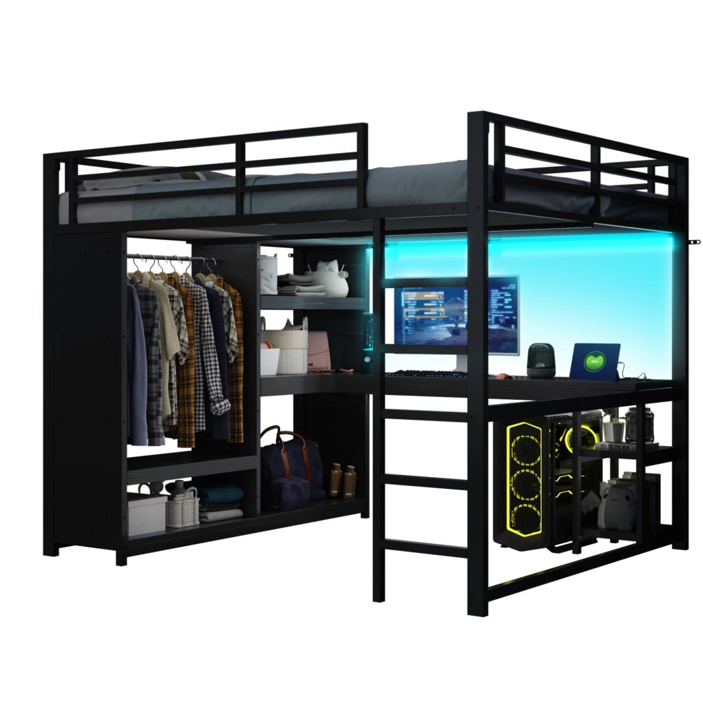 Letto a soppalco 160x200 cm con LED; scrivania e guardaroba aperto in metallo nero
