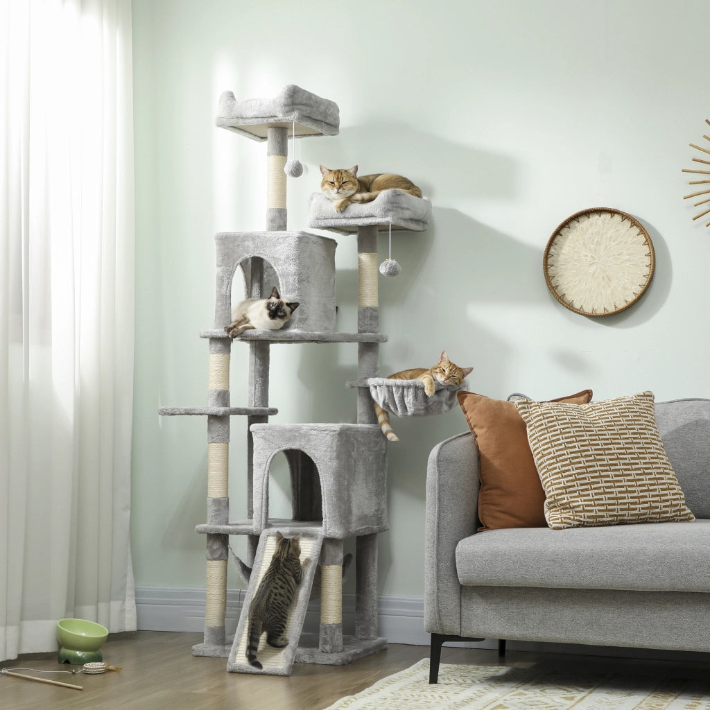 Albero Tiragraffi per Gatti 48x40x177 cm con 2 Casette 2 Lettini Trespolo e 2 Palline Grigio Chiaro e Beige
