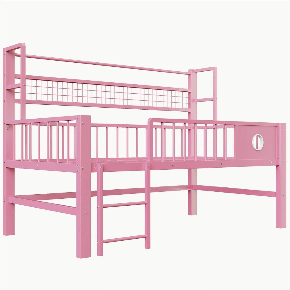 Letto a castello per bambini 90x200cm - Zephmum - Telaio metallico, scaffali, rosa
