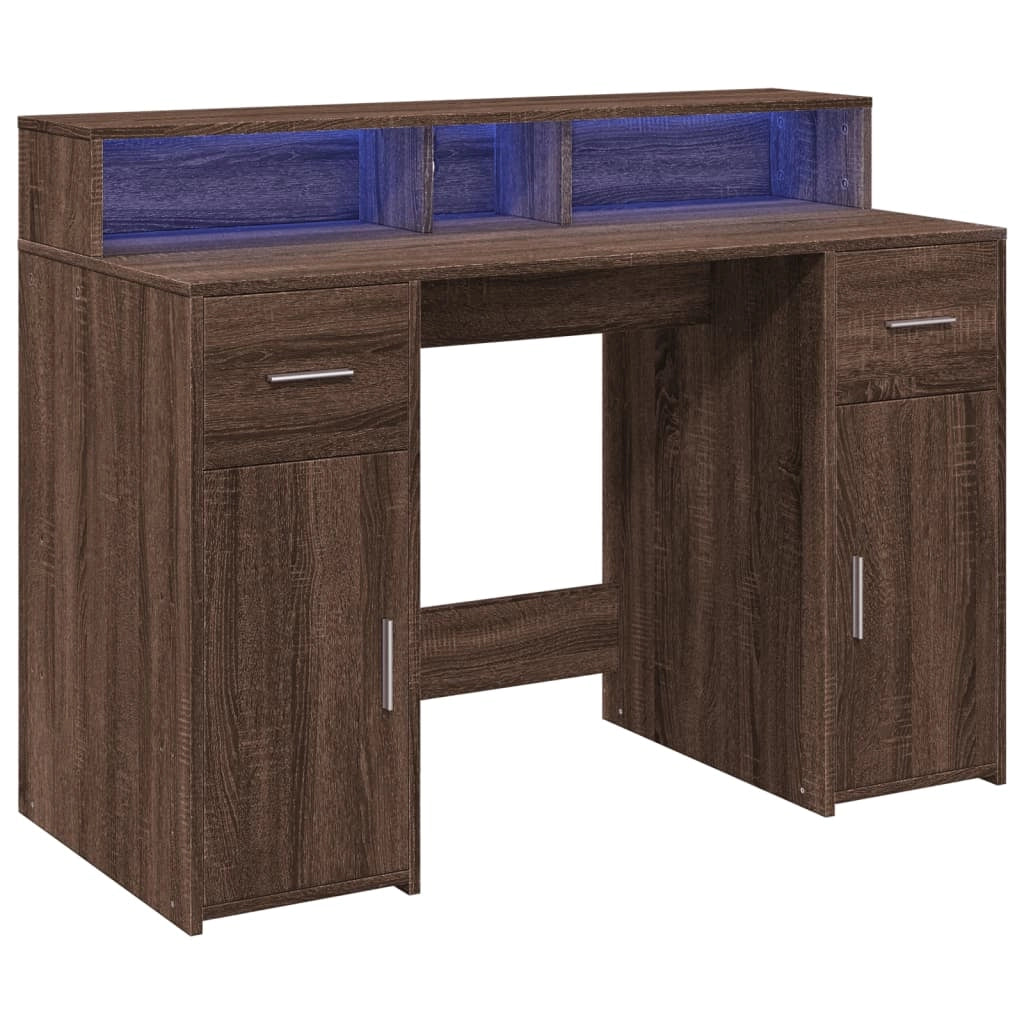 Scrivania tavolo postazione di lavoro mobile per computer studio e luci a LED legno ingegnerizzato di rovere marrone 02_0023795