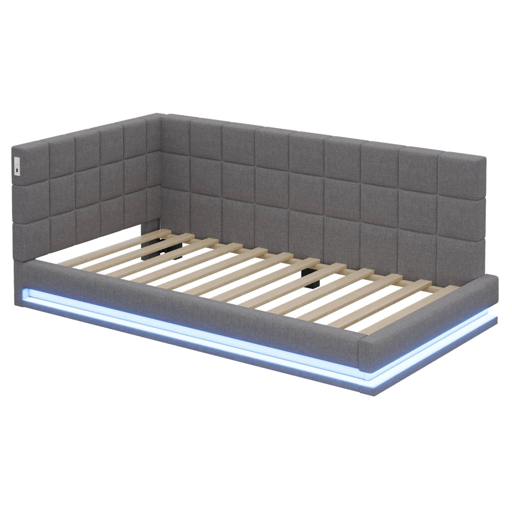 Divano letto imbottito 90x200 con LED, USB e rete a doghe