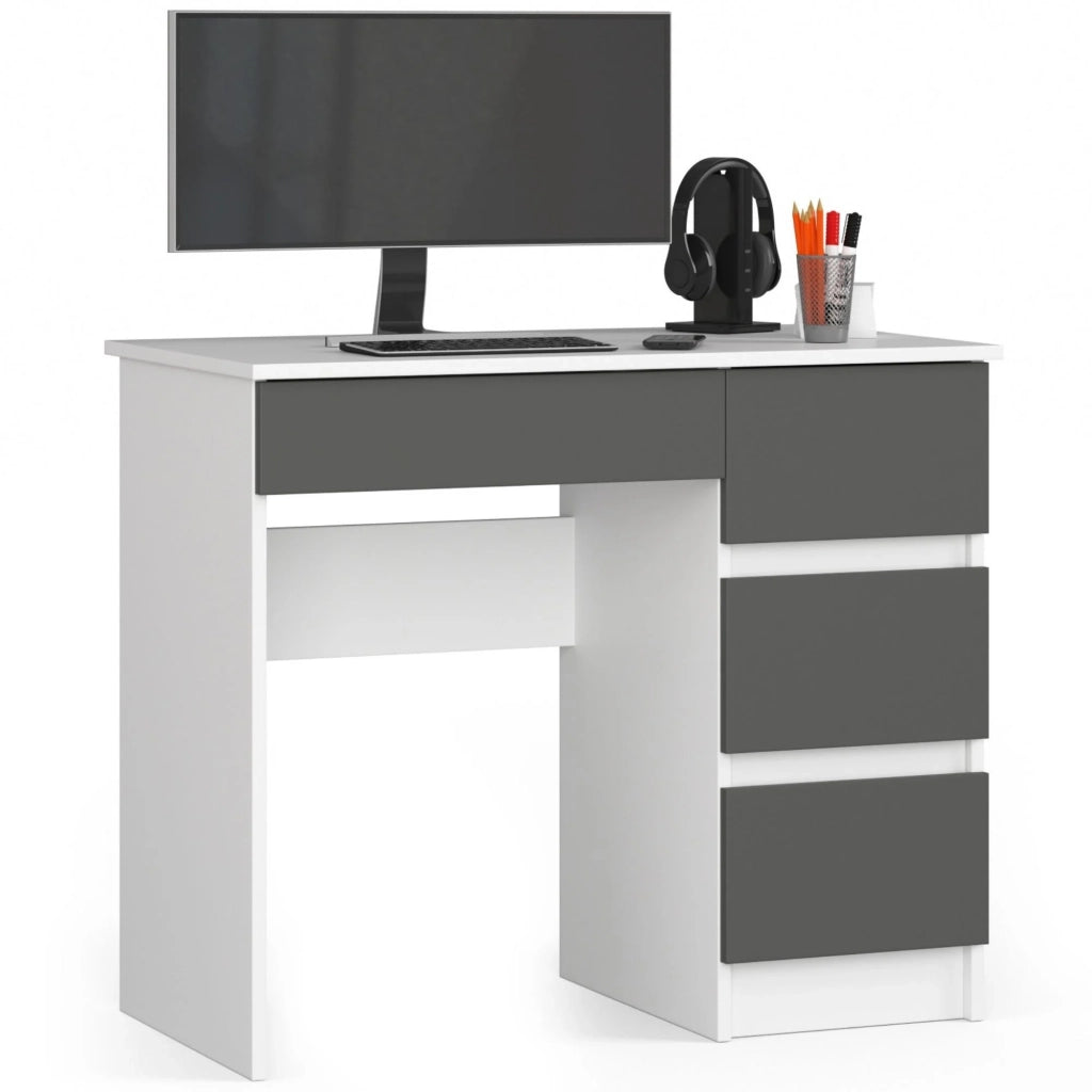 Scrivania per computer AKORD A7 Bianco 90 cm 4 cassetti inserto frontale Grigio Grafite 90x50x77 cm Modello a destra