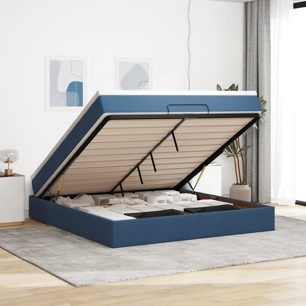 Struttura Letto Pouf con Materasso Blu 160x200 cm in Tessuto 3311126