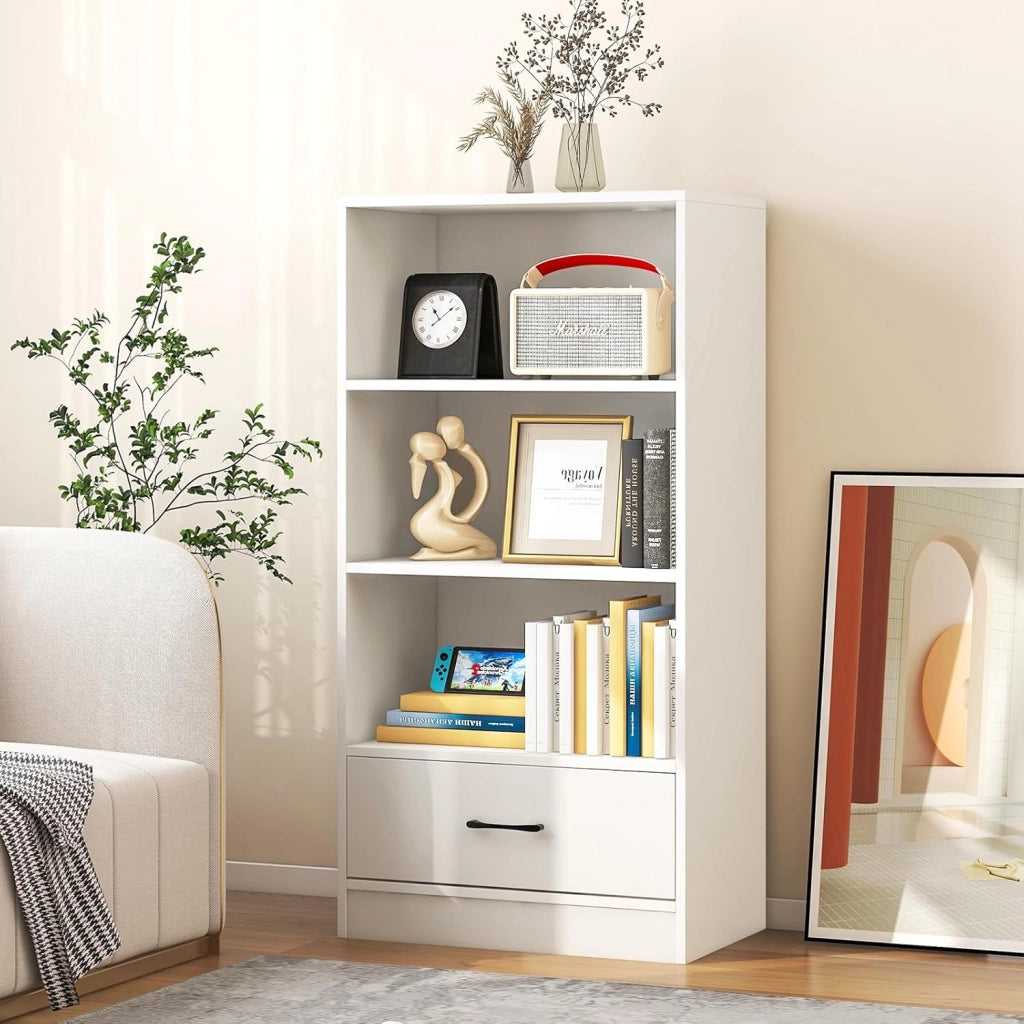Scaffale con cassetto, scaffale libreria a 4 livelli con 3 scomparti aperti, scaffale da terra in legno per soggiorno, camera da letto, ufficio, nero (Bianco)