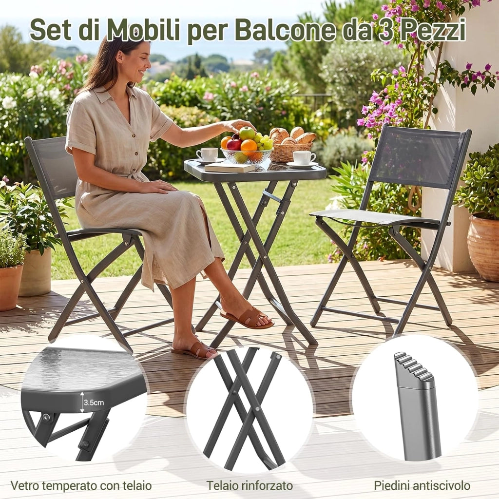 Set da Bistrot 3 Pezzi, Set Mobili Pieghevoli Include 1 Tavolo e 2 Sedie, Resistente alle Intemperie e Traspirante, per Piccoli Balconi e Giardini, Grigio