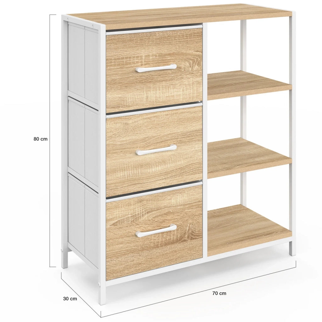 IDMarket - UTAH Credenza a 3 cassetti con ripiani, 70 cm, design industriale in legno e bianco