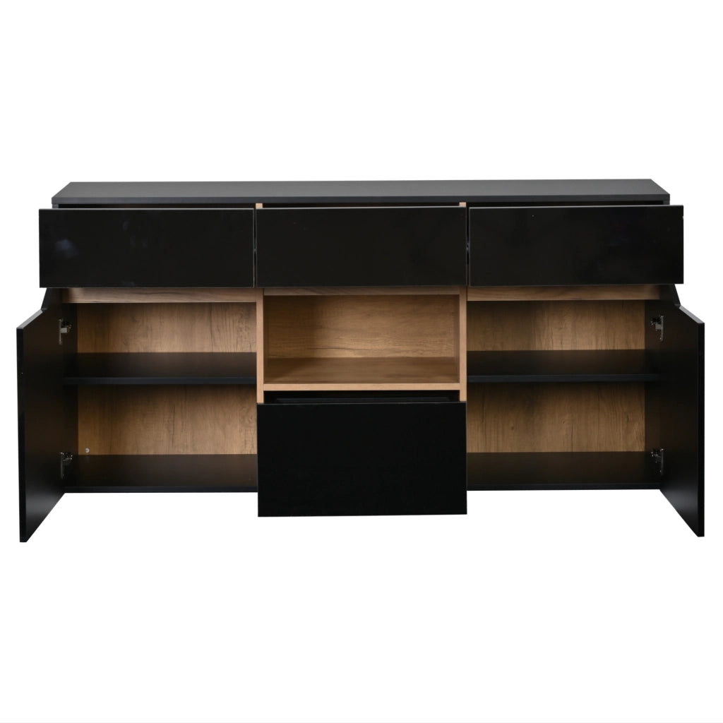 Credenza soggiorno con LED 140x40x70 cm; 4 cassetti e 2 ante in truciolare nero