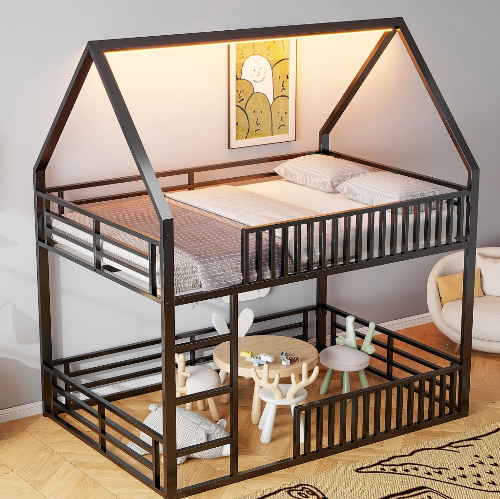 Letto a castello a forma di casa 140x200 cm con corrimano e luce LED, nero