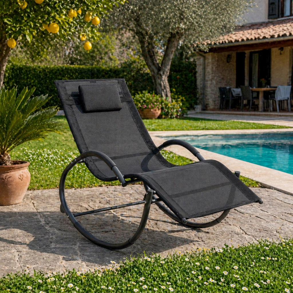 Sedia Basculante Da Giardino Ergonomica Con Poggiatesta Removibile Lettino Comodo Relax A Dondolo Per Patio Piscina Terrazza Balcone Outdoor 155x61x88 Cm Nero
