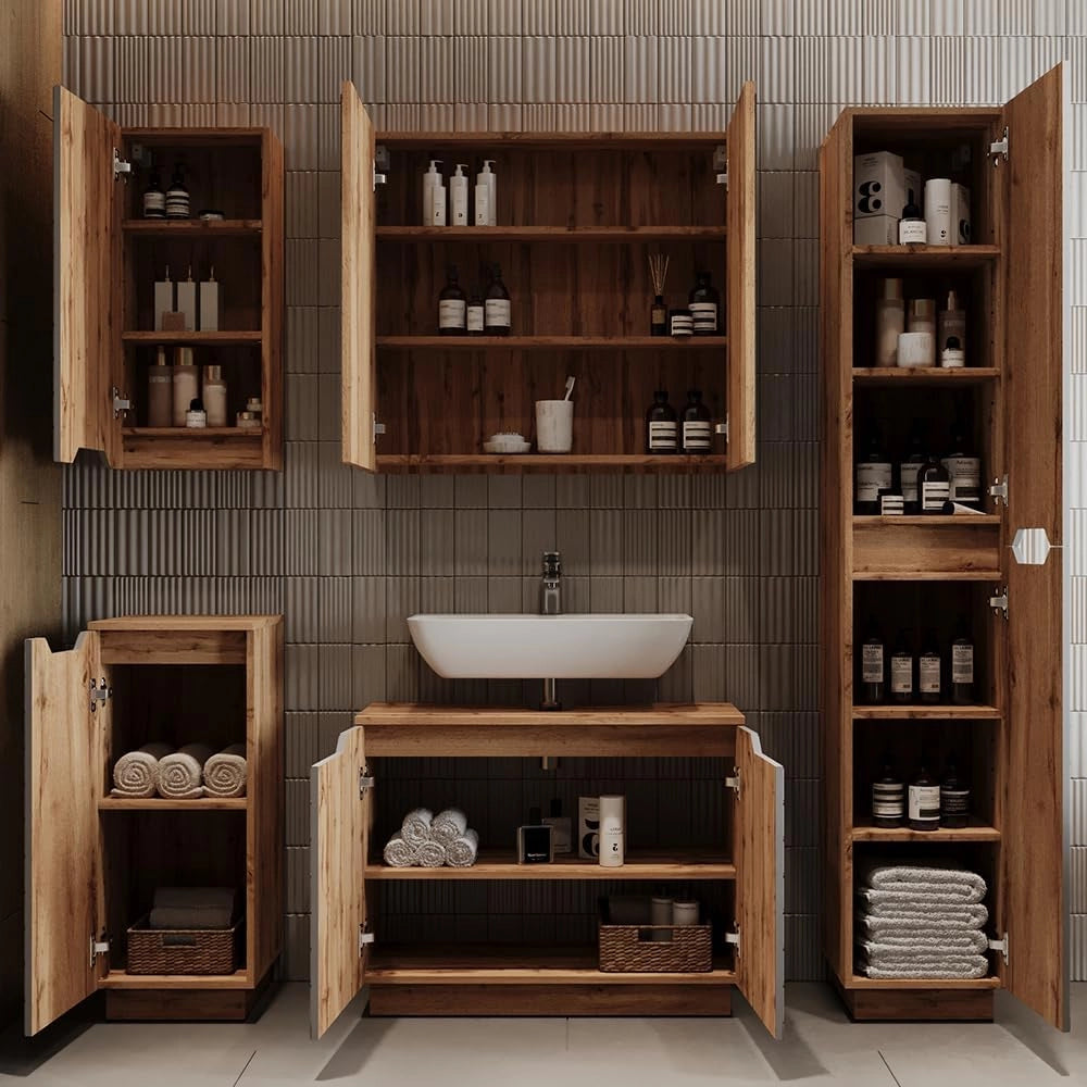 Set di mobili da bagno Lotta, Rovere/grigio con struttura in piastrelle, 3 parti
