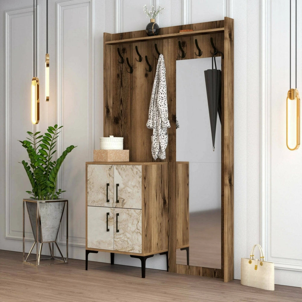 Mobile da ingresso Isidore, Entratina appendiabiti, Composizione per atrio, Consolle portaoggetti multifunzione, 120x35h200 cm, Noce e Bianco