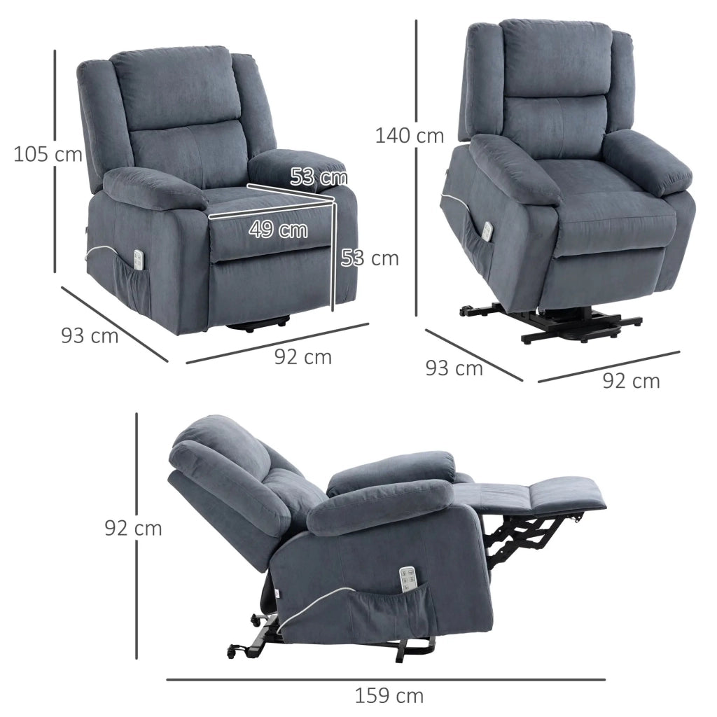 Poltrona relax elettrica con funzione alzapersona e reclinazione, tessuto effetto velluto grigio, 91/92x93x105 cm