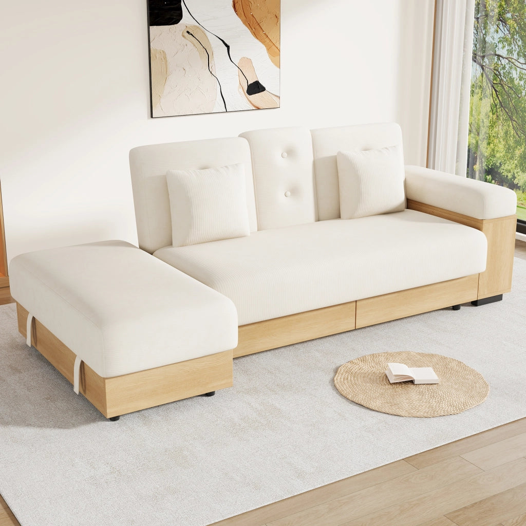 Divano Letto con Contenitore 3 Posti in Ciniglia Beige 217 cm