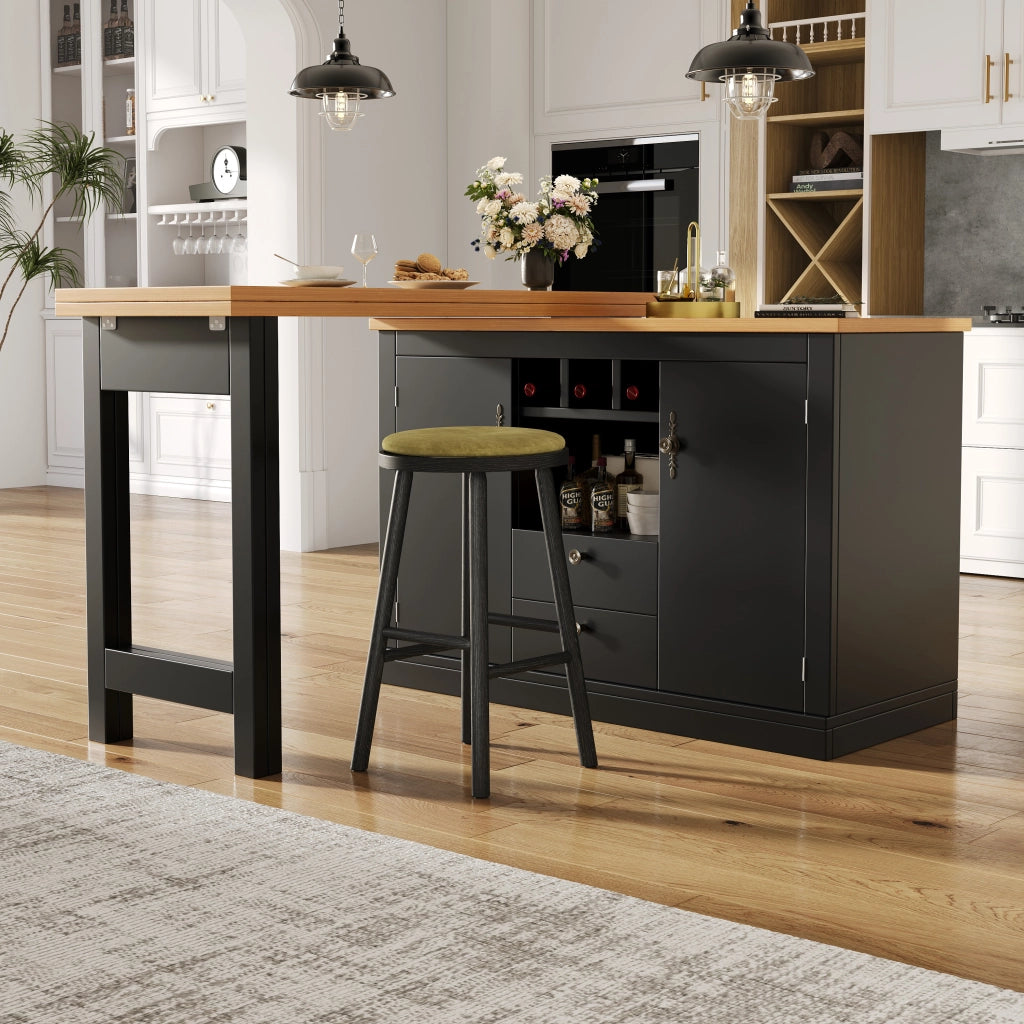 TAVOLO BAR ESTENSIBILE 120-180 CM MDF NERO CON RIPIANI E PORTABOTTIGLIE