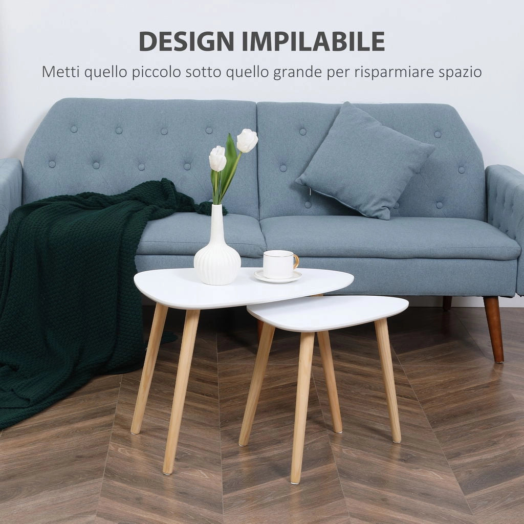 SET 2 TAVOLINI DA SALOTTO IMPILABILI STILE NORDICO CON GAMBE IN LEGNO TOP BIANCO