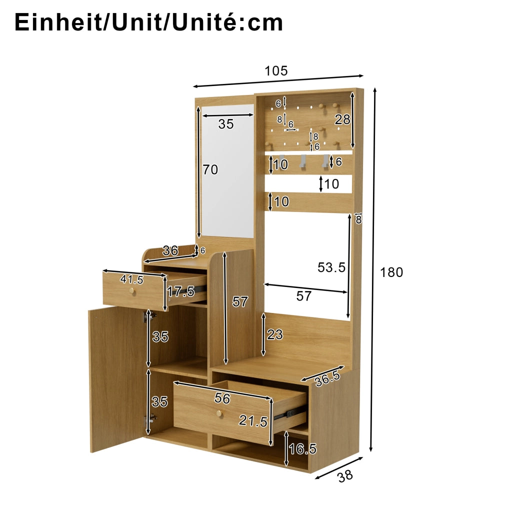 Mobile Ingresso con 2 Cassetti; 1 Armadio e Ripiani; con Specchio e Ganci Regolabili; Stile Moderno; in Pannello truciolare; Legno; 105??38??180 cm