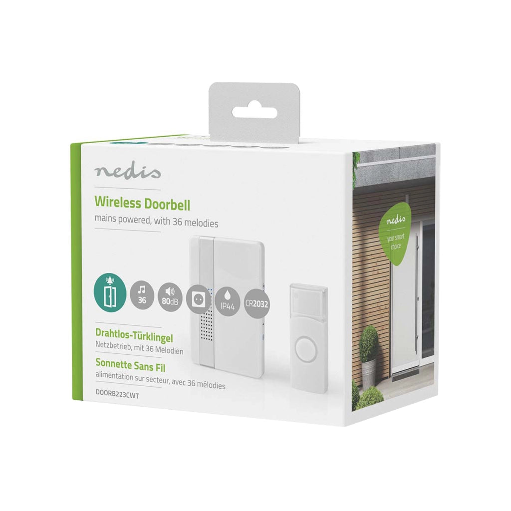 Kit Campanello Senza Fili 36 Melodie con Pulsante Trasmettitore 80dB Portata 300m IP44 Bianco Nedis