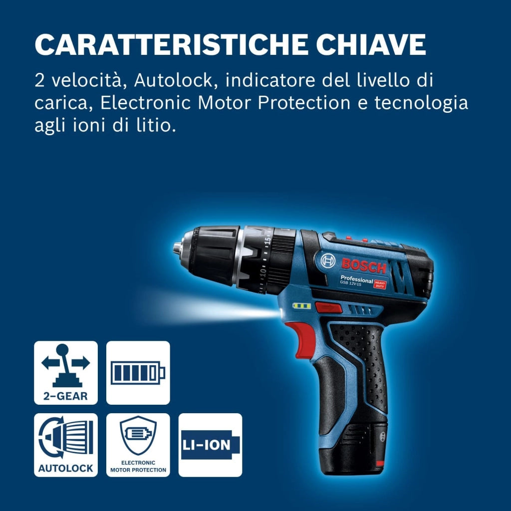 Bosch Professional 12V System Trapano-Avvitatore con Percussione a Batteria Gsb 12V-15, Batteria e Caricabatteria Non Include, in Scatola di Cartone