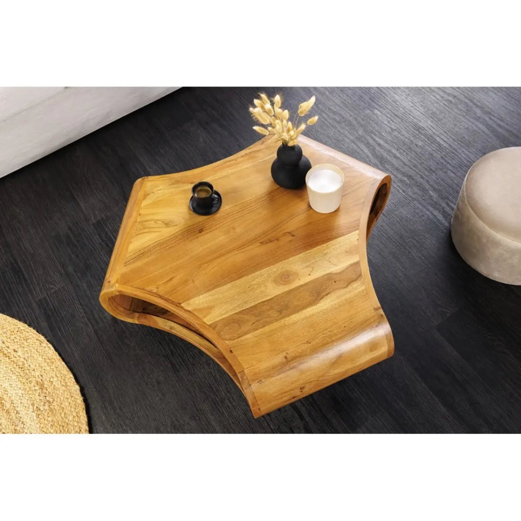 Tavolino basso NERA 90 cm in legno massiccio di acacia con nicchia e gambe in metallo nero – stile retrò industriale