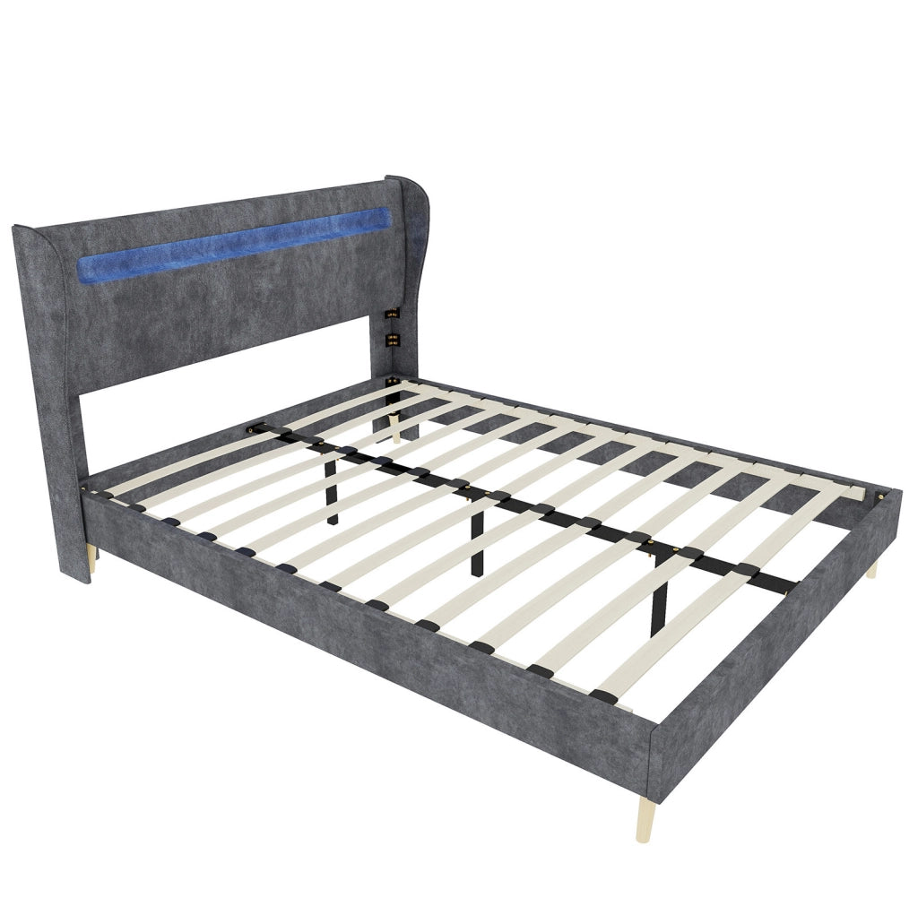 Letto basso 160x200 cm con testiera regolabile e LED multicolore; grigio