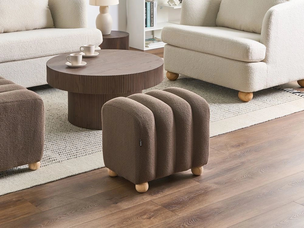 Pouf marrone in bouclé Teddy rivestito con gambe in legno pouf ottomano design moderno accessori per soggiorno