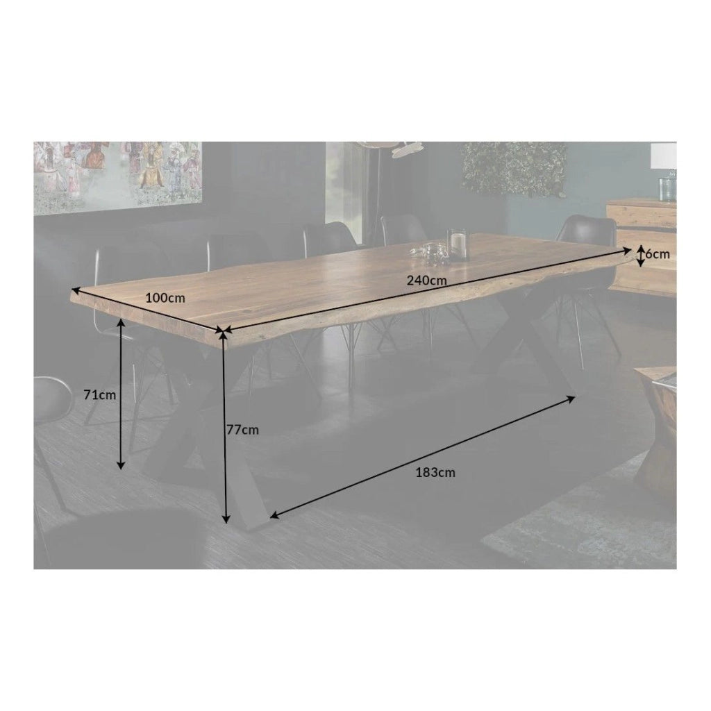 Tavolo da pranzo ARKAYA 240 cm – Piano in legno massiccio di acacia verniciato e gambe in metallo nero a X