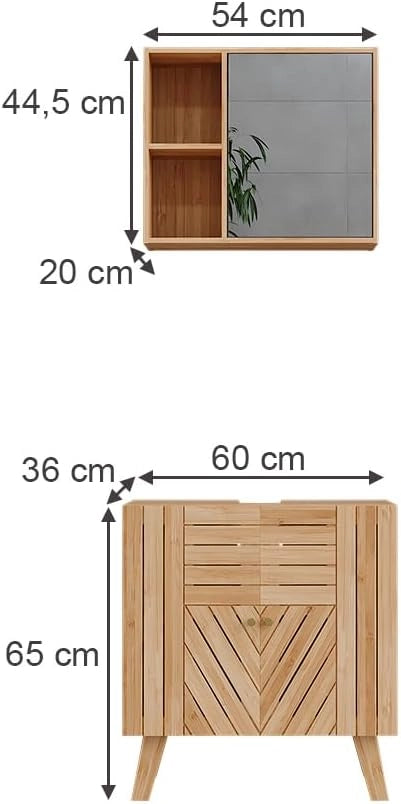 Set di mobili da bagno Lucie, Bambù, 60 cm, composto da specchio da bagno e mobile sottolavabo