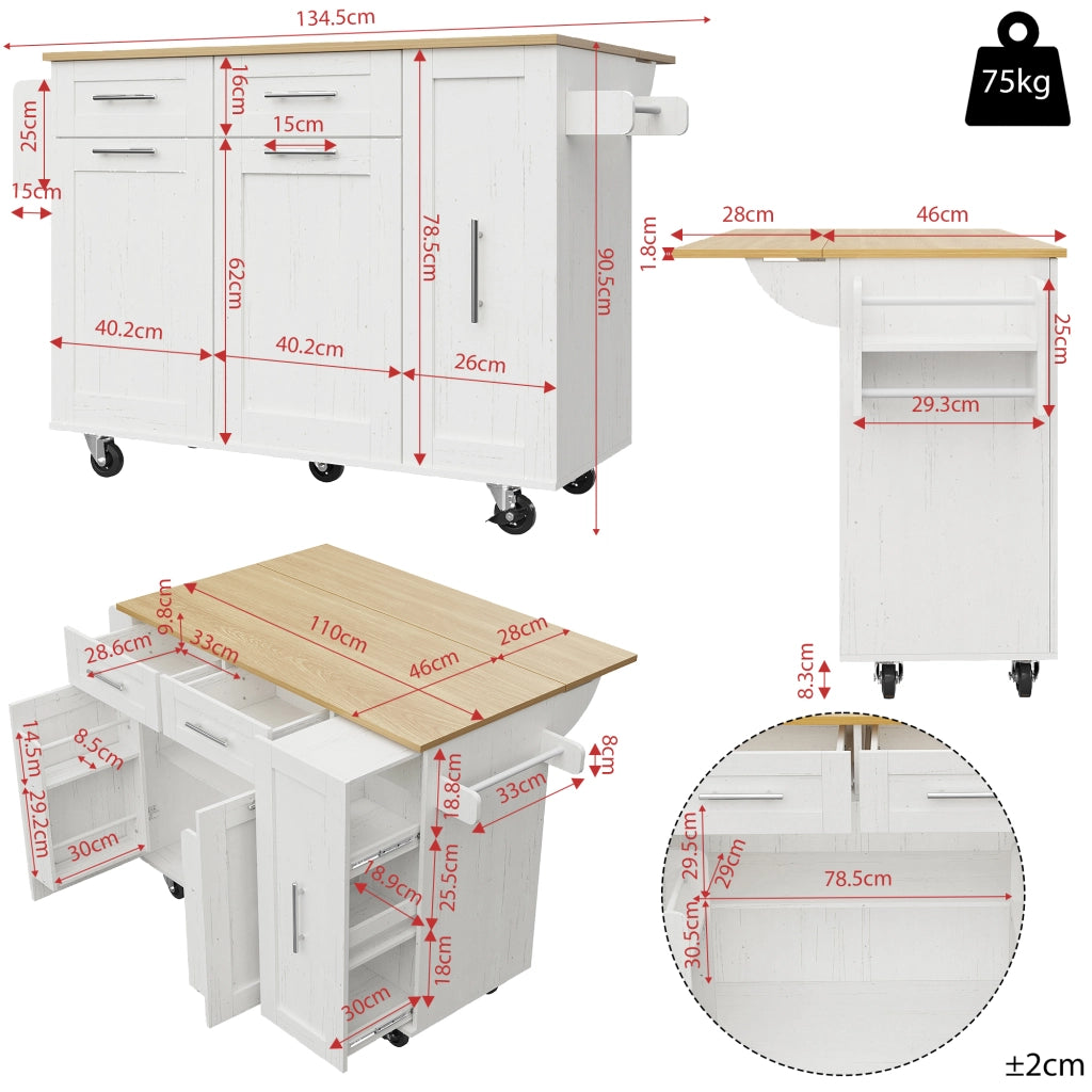 OKWISH Isola da Cucina con Piano Pieghevole e Ruote con Freno Armadietti Contenitore per Cucina in MDF Metallo Bianco
