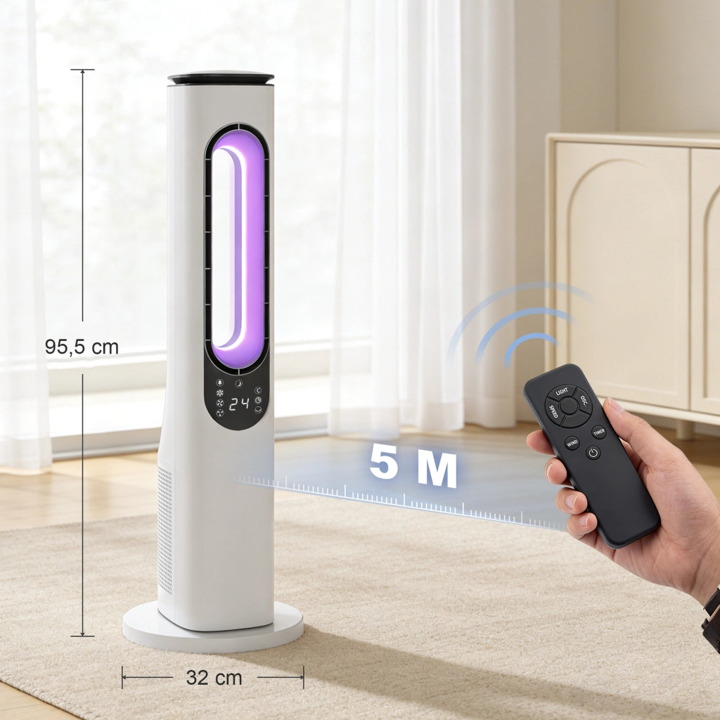 Ventilatore a Torre Senza Pale ¨C zephmum ¨C LED, Telecomando, Bianco