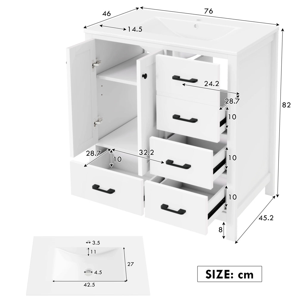 Mobile sottolavabo con lavabo in ceramica, 1 anta, 4 cassetti e 3 ripiani, per bagno, bianco, 76 × 46 × 82 cm