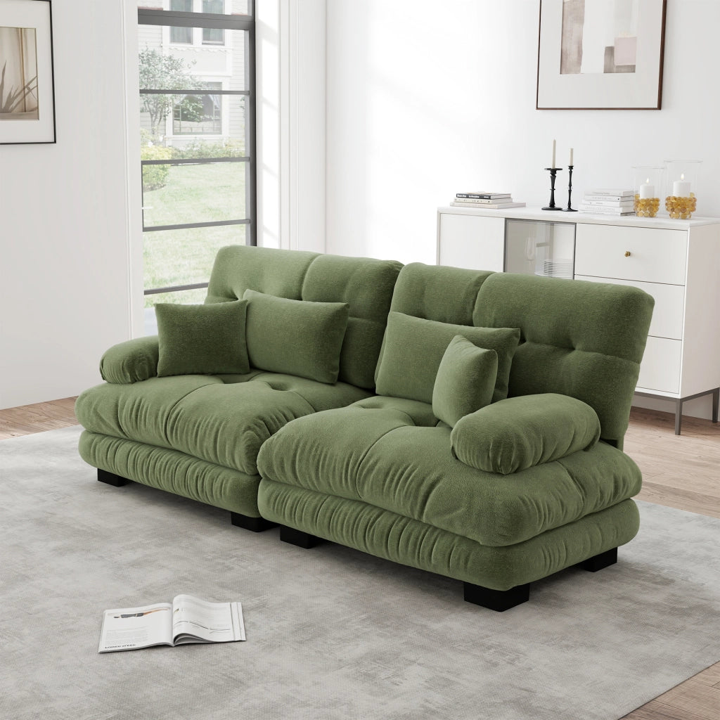 Divano modulare con seduta profonda e cuscini lombari e decorativi per soggiorno in ciniglia verde 220 × 77 × 81 cm