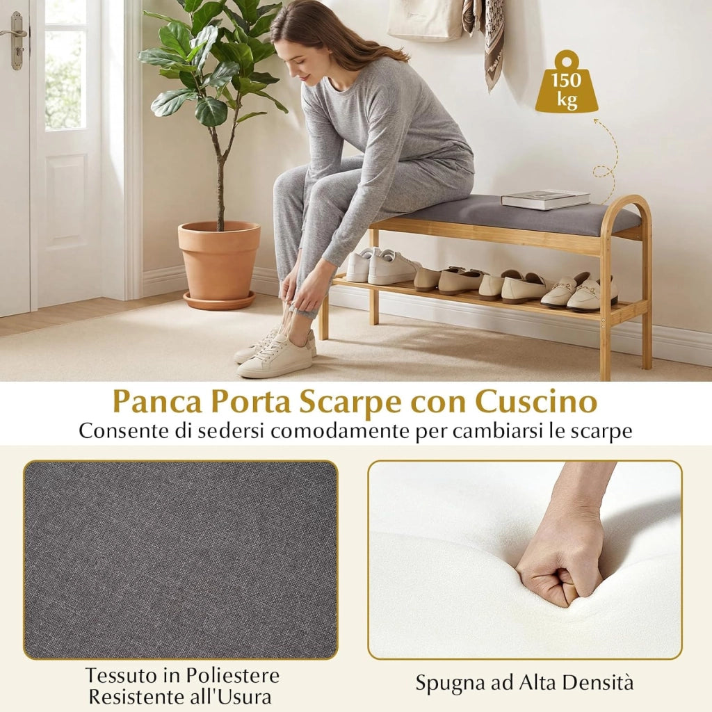 Scarpiera con Cuscino, Panca Porta Scarpe in Bambù per Ingresso con Ripiano, Panca Imbottita per Ingresso Corridoio Camera da Letto (Stile 1)