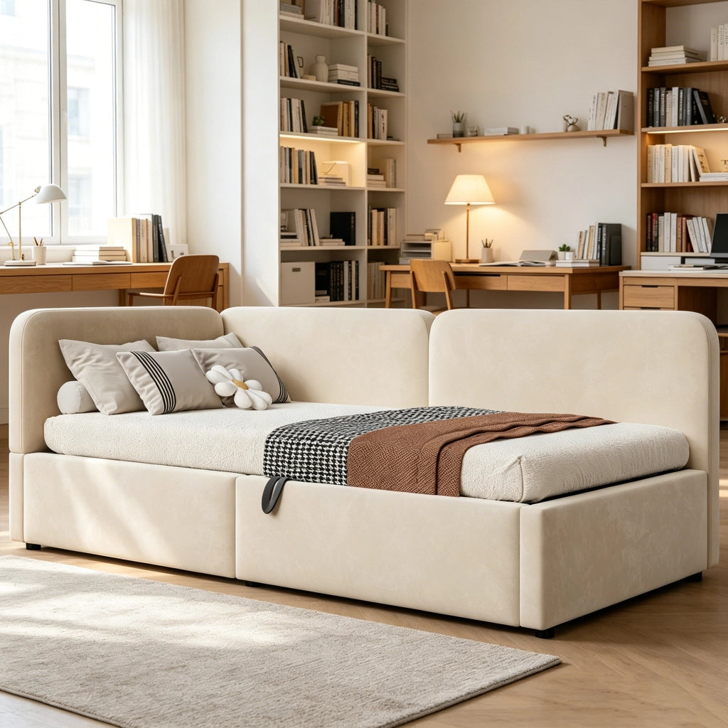Divano letto in velluto con contenitore idraulico e testiera alta, 90x200 cm, beige