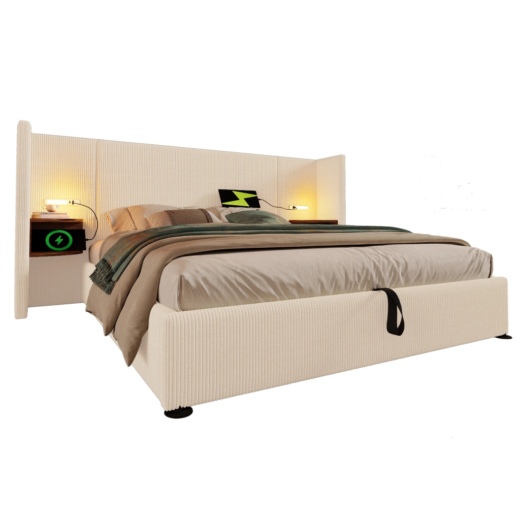 Letto matrimoniale 160x200 con contenitore, testiera con lampada da lettura, USB Type-C e struttura in metallo e legno