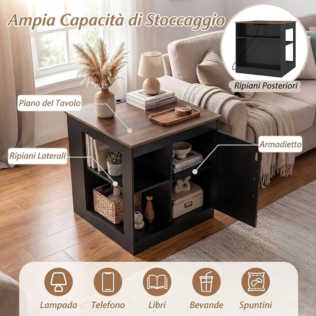 Tavolino Laterale da Salotto, Comodino Rustico con Stazione di Ricarica, Ripiano Regolabile e Porta da Fienile, Tavolino Versatile per Camera da Letto e Soggiorno (Nero)