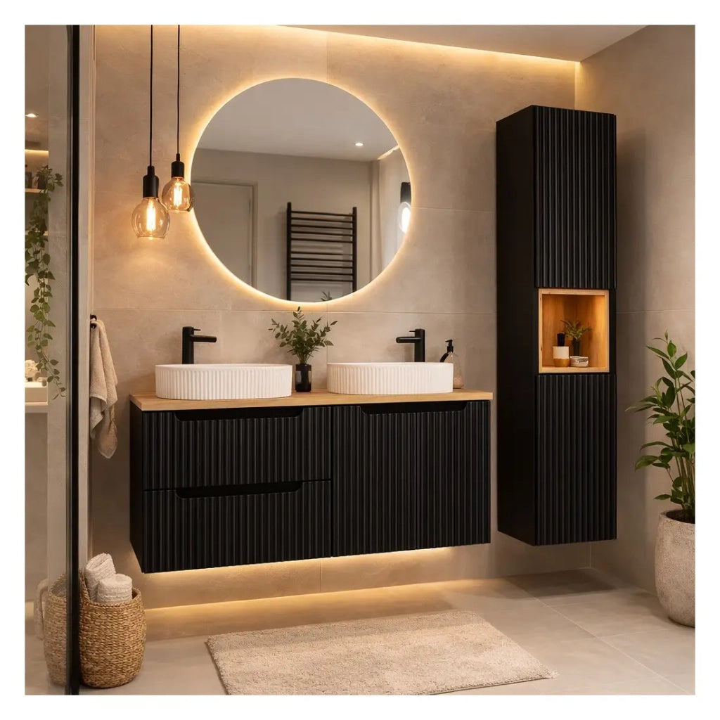 Insieme VANO 150cm : mobili sotto lavabo con cassetti e armadietti + piano per lavabo + due lavabi da appoggio scanalati + colonna