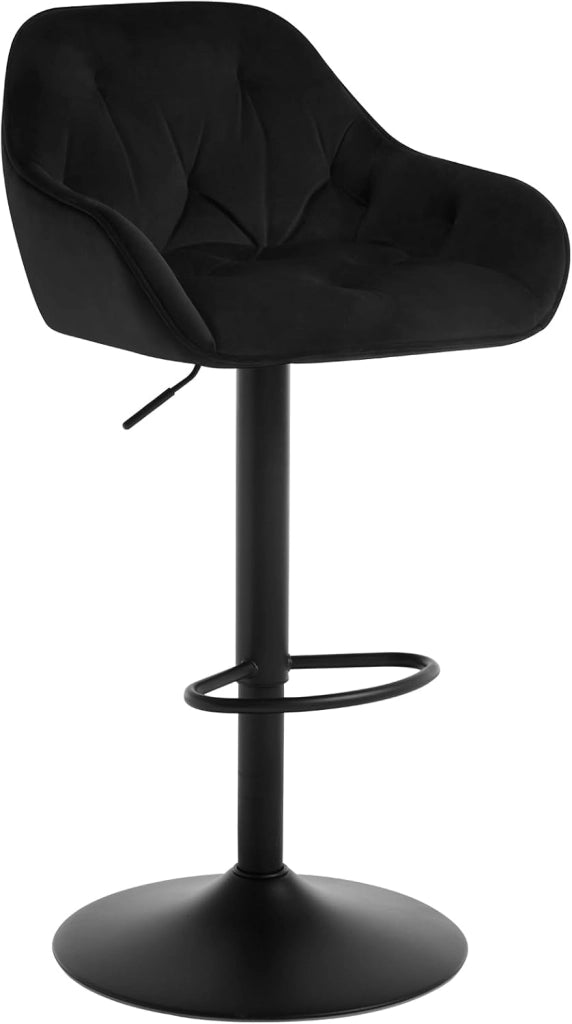 Sgabello da Bar Alto con Schienale e Braccioli, Sgabello Regolabile in Altezza, con Poggiapiedi, per Cucina, Bistrot, Pub, in Velluto e Metallo, Nero, BH405sz-1