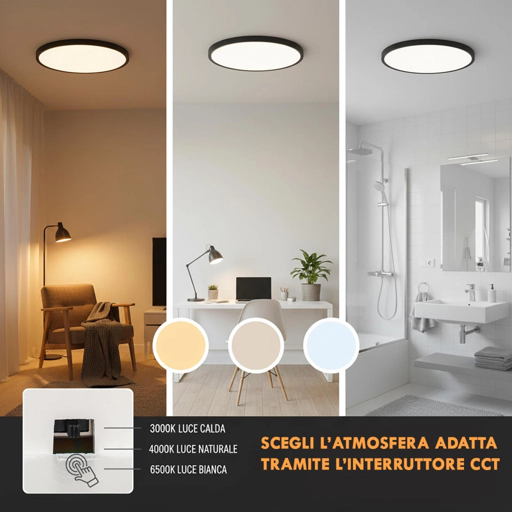 Plafoniera Design Slim LED 36W CCT IP40 Lampada Moderna Soffitto Luce Bagno Cucina Soggiorno Ufficio 48cm colore NERO