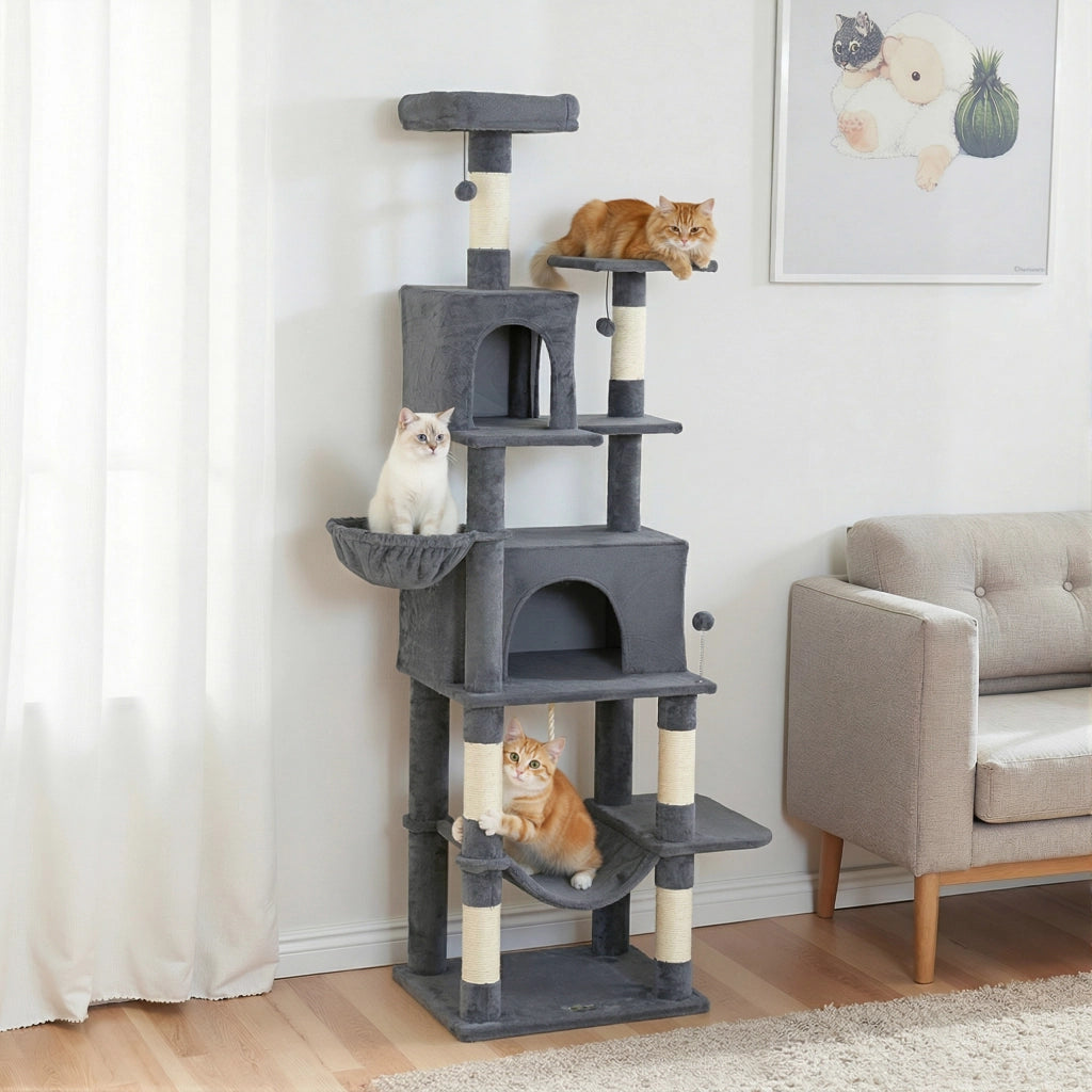 Tiragraffi per Gatti con Piattaforma, Torre e Cuscino ¨C Zephmum ¨C 60x48x202 cm Grigio