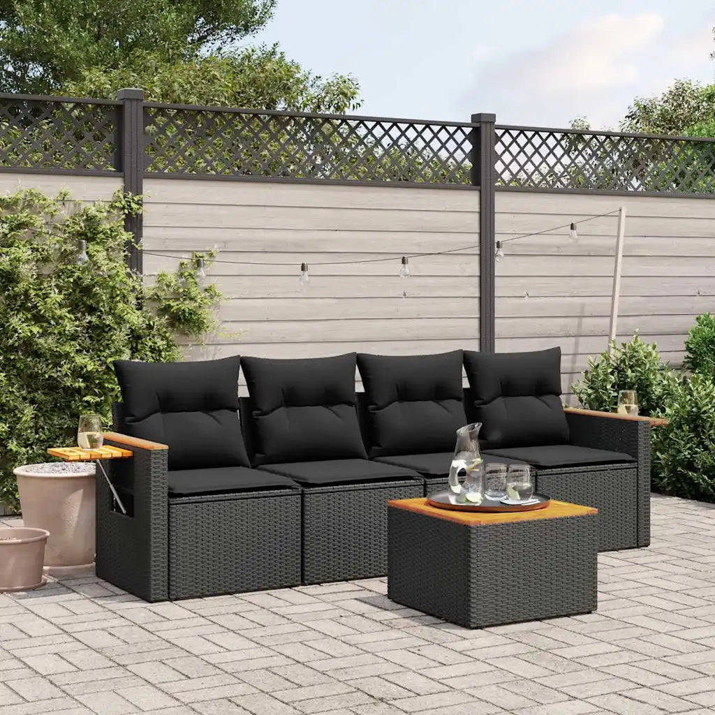 Set Divani da Giardino 5 pz | Set Salotto da Giardino con Cuscini in Polyrattan Nero