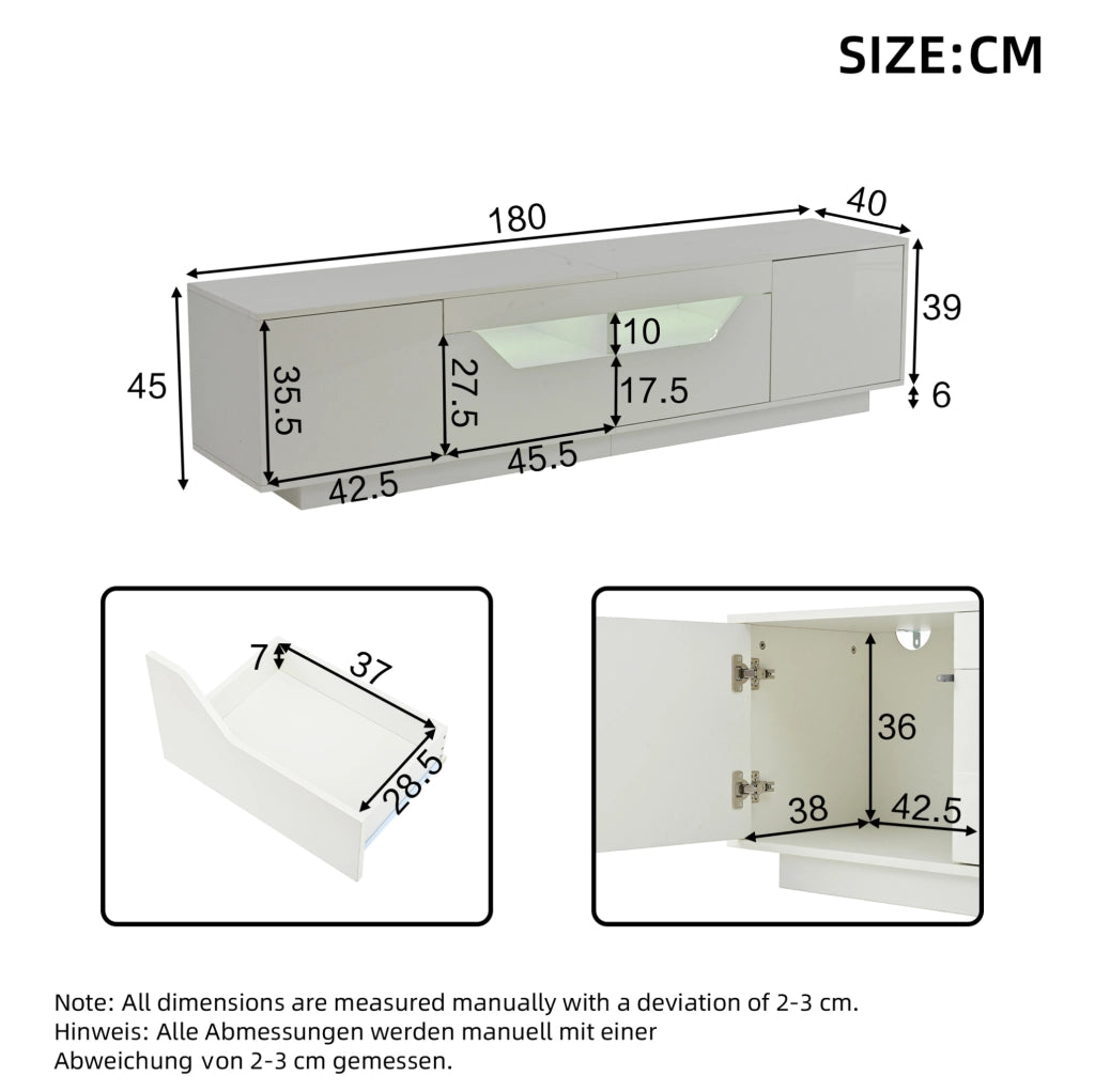 Mobile TV da 180 x 40 x 45 cm con LED e 2 cassetti, bianco lucido